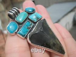 925 Silver Megalodon or Giant White Fossil Shark tooth Turquoise Pendant UNF6765