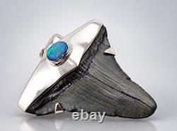 Fossil Shark Tooth Pendant Carcharocles megalodon w Silver Cap and Opal Accent