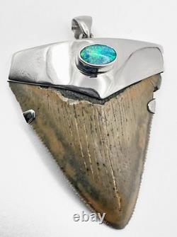 Fossil Shark Tooth Pendant Carcharocles megalodon w Silver Cap and Opal Accent