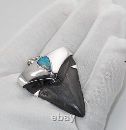 Fossil Shark Tooth Pendant Carcharocles megalodon w Silver Cap and Opal Accent