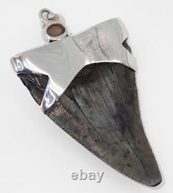 Fossil Shark Tooth Pendant Carcharocles megalodon w Silver Cap and Opal Accent