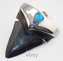 Fossil Shark Tooth Pendant Carcharocles megalodon w Silver Cap and Opal Accent