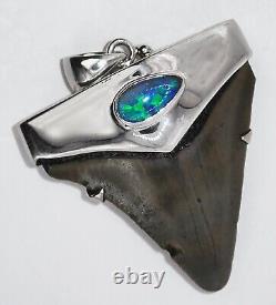 Fossil Shark Tooth Pendant Megalodon Tooth with Sterling Silver Cap, With Opal