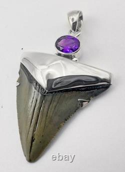 Fossil Shark Tooth Pendant Megalodon, with Sterling Silver Cap and Amethyst