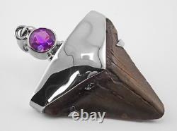Fossil Shark Tooth Pendant Megalodon, with Sterling Silver Cap and Amethyst