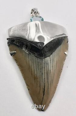 Meg Shark Tooth Pendant Megalodon Tooth with 925 Silver Cap & Blue Topaz
