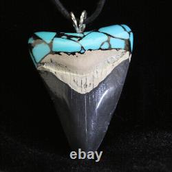 Megalodon Turquoise Jewelry Fossil Shark Tooth 2.3 Pendant Pair Silver Bale New