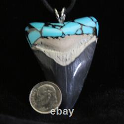 Megalodon Turquoise Jewelry Fossil Shark Tooth 2.3 Pendant Pair Silver Bale New
