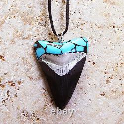 Megalodon Turquoise Jewelry Fossil Shark Tooth 2.3 Pendant Pair Silver Bale New