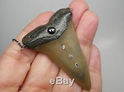 Vintage Megalodon Fossil Shark Tooth Set With Four Diamonds 925 Chain Necklace